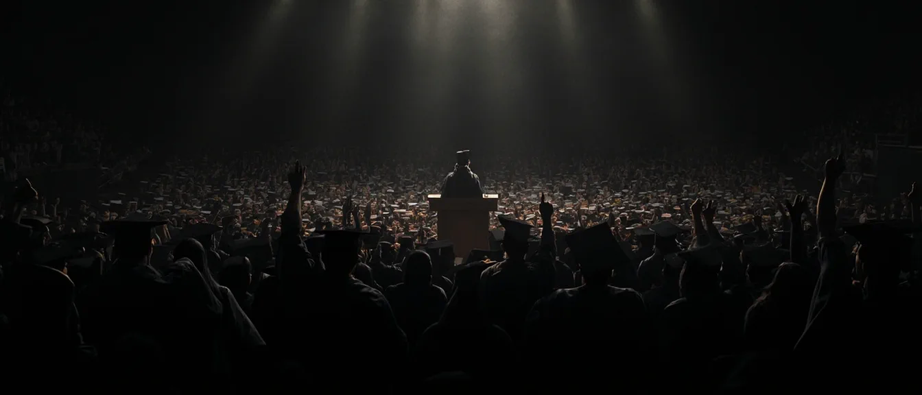 A dim auditorium where rows of graduates in mortarboards turn their backs or raise their arms, leaving a single speaker alone at the lectern.