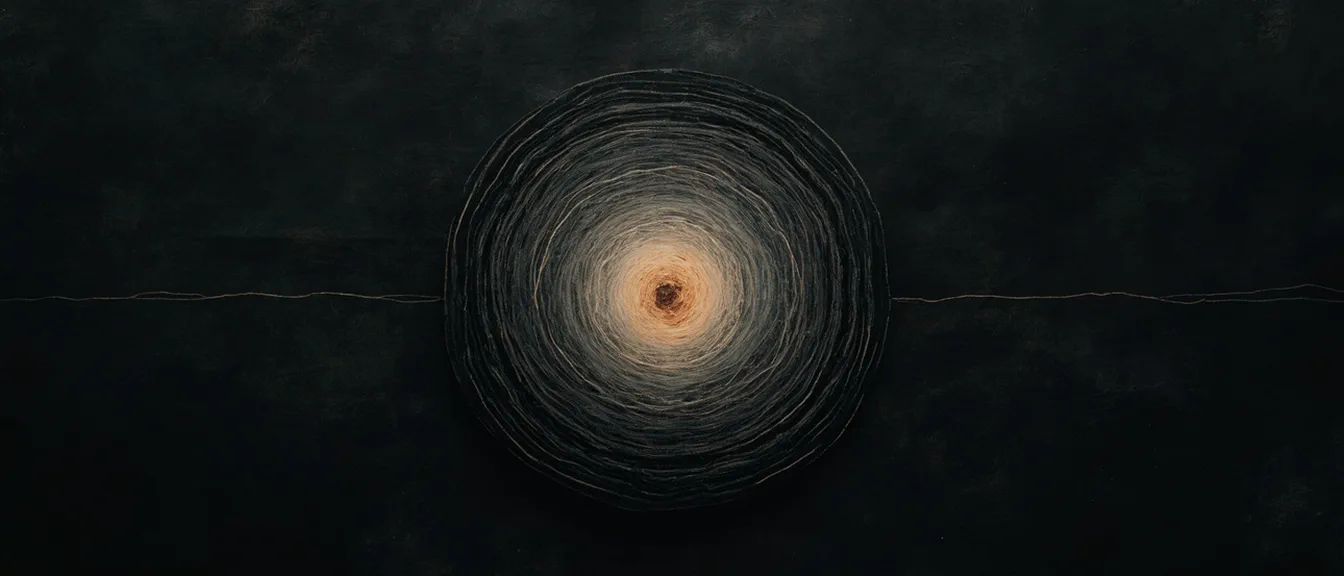 A sliced onion rendered as precise concentric rings, one thin thread spiralling inward from the outermost layer to the glowing core.